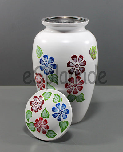 eSplanade Metal Cremation Urn Memorial Jar Pot Container | Full Size Urn for Funeral Ashes Burial | Flowers Printed Urn | Blue, Brown, Multicolor - 10" Inches