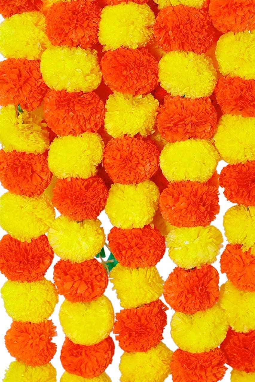 eSplanade Artificial Marigold Flower Garlands for Home Decor - Pack of 5 Strings - Lemon-Mango colour - 4 to 4.5 Feet Length