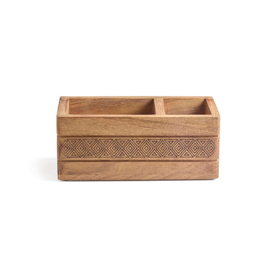 KLEO Wooden Organizer Stand Caddy - Mango Wood Cutlery Holder, Tableware Storage Box for Kitchen, Dining Table | Spoon, Knife, Fork, Chopstick, Spices Organizer | Pen Stand & Stationery Box