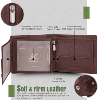 HORNBULL Themes Brown Leather Wallet for Men | Stylish Valentine's Day Mens Gift Wallet | RFID Blocking Wallets Men Leather