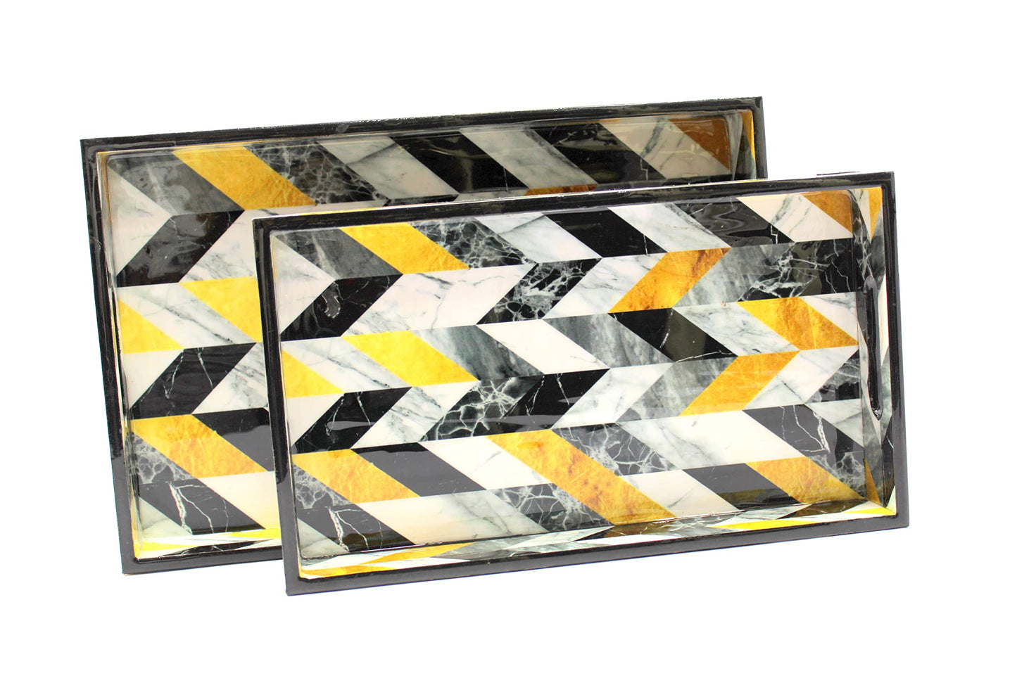 ESPLANADE Wooden Serving Trays - Set of 2 - Home Office Dining Table Multipurpose Serveware - 16" x 10" Inches - Black-Yellow