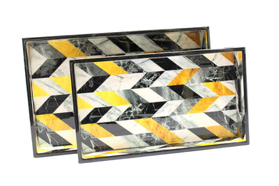 ESPLANADE Wooden Serving Trays - Set of 2 - Home Office Dining Table Multipurpose Serveware - 16" x 10" Inches - Black-Yellow