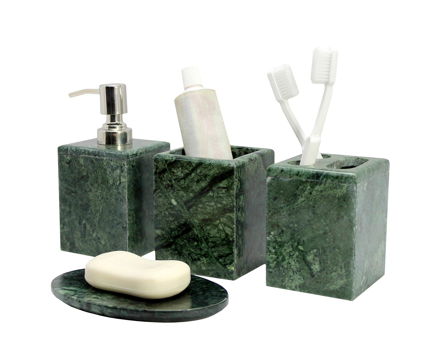 KLEO - Bathroom Accessory Set made from Natural Stone - Bath Accessories set of 4 includes Soap Dispenser, Toothbrush Holder, Tumbler and Soap Dish (Green, Grey)