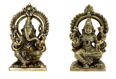 ESPLANADE Lakshmi Ganesh Murti, Laxmi Ganesha Idol Statue Sculpture - Set of 2 - Brown-Golden - Brass | for Home Mandir, Diwali Pooja, Gift for Family and Friends (5.9" Height)