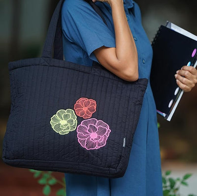 SKAPADORO Quilted Cotton Tote Bag with Zip, Inner Zipper Pocket, Multipurpose Embroidered Hand Bag for Women/Girls For Shopping Travel College Gym Work, Everyday Shoulder Bag - Evil Eye; Floral