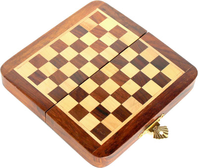 Handmade Wooden Rosewood Foldable Magnetic Chess Game Board with Storage Slots, 7 Inch