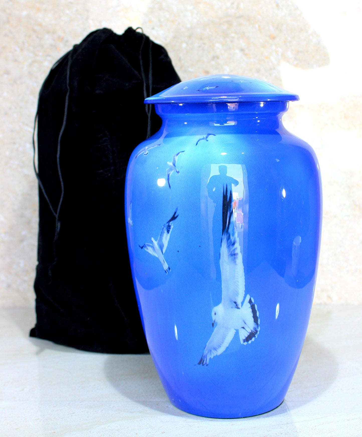 eSplanade Metal Cremation Urn Memorial Jar Pot Container | Full Size Urn for Funeral Ashes Burial | Falcon Printed Urn , Seagull Printed Urn ,White Pigeon Print   | Blue - 10" Inches