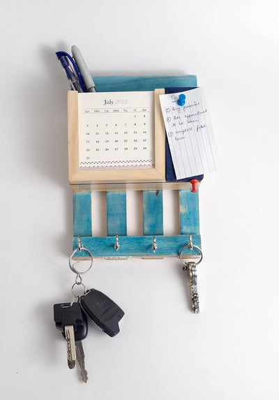 ESPLANADE Warli Wooden Multi Utility Key Hooks with 2025 Paper Calendar, Letter Holder & Mini Blue Colour Pin Board - Unique Wall Hanging Key Stand - Calendar with Key Holder for Office, School, Home