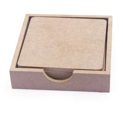 IVEI MDF DIY Square Coasters with Holder - MDF Plain Wooden Coasters & Holder Blank Cutouts for Painting Wooden Sheet Craft, Decoupage, Resin Art Work & Decoration - Set of 4 (3.5in X 3.5in)