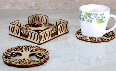 Esplanade Wooden Coasters for DIY Activities,Craft,Decoupage,Painting,Resin Work - 6 Coasters with Holder (Kalpavriksha Tree of Life Design)