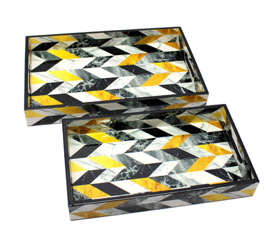 ESPLANADE Wooden Serving Trays - Set of 2 - Home Office Dining Table Multipurpose Serveware - 16" x 10" Inches - Black-Yellow