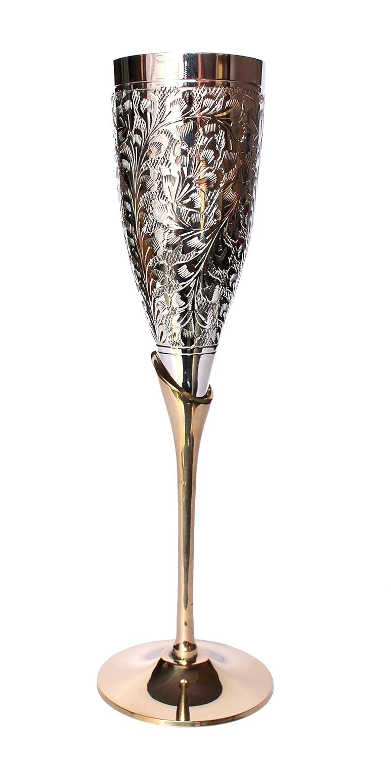 StonKraft Engraved Silver Plated Pure Brass Premium Goblet Champagne Flutes Coupes Wine Glass Set