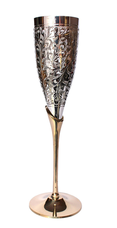 Stonkraft Engraved Pure Brass Premium Goblet Champagne Flutes Coupes Wine Glass Set Standard Silver