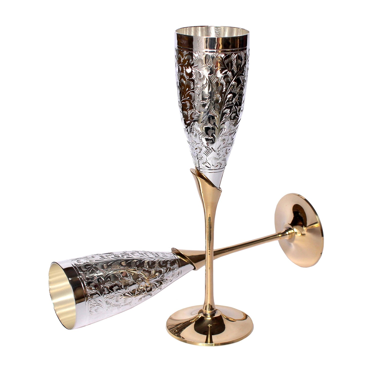 Stonkraft Engraved Pure Brass Premium Goblet Champagne Flutes Coupes Wine Glass Set Standard Silver
