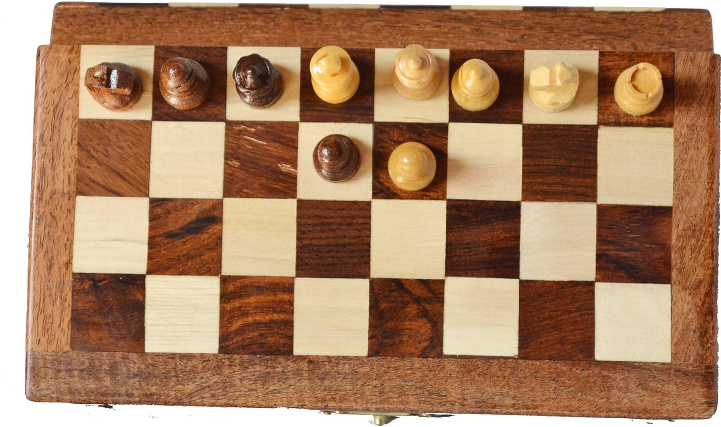 Handmade Wooden Rosewood Foldable Magnetic Chess Game Board with Storage Slots, 7 Inch