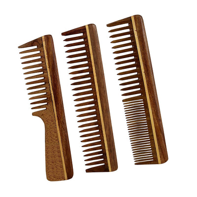 Handmade Hair Care Wooden Tooth Anti Static Comb, Set of 3, Made of Sheesham (Rosewood)