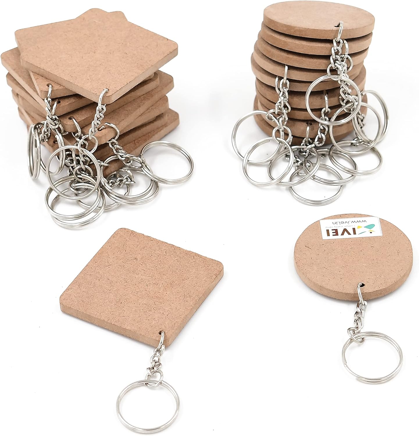 IVEI DIY MDF Key Chains Wood Sheet Craft - MDF Plain Square Shaped Key Chains for Painting Wooden Sheet Craft - Set of 20-2 in X 2 in for Decoupage MDF Plains, Resin Artwork & Decoration (Multi-shaped)