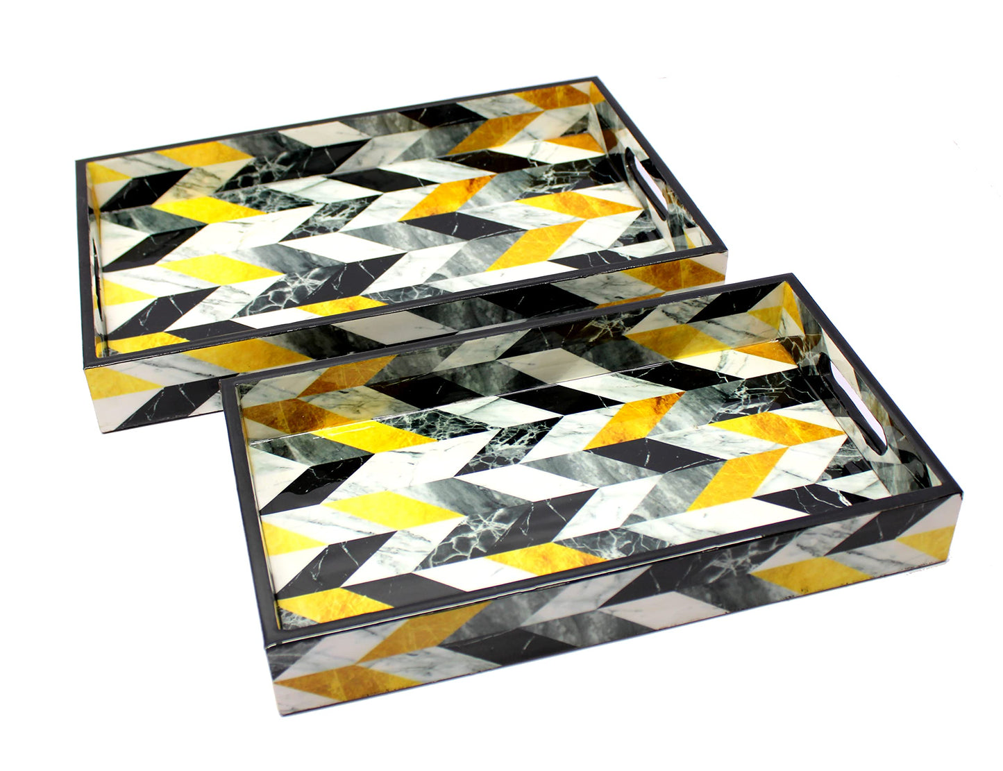 ESPLANADE Wooden Serving Trays - Set of 2 - Home Office Dining Table Multipurpose Serveware - 16" x 10" Inches - Black-Yellow