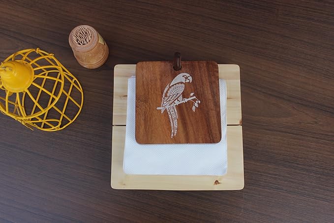 Esplanade Wooden Tissue Holder – Parrot Print Tissue Paper Holder - Smart Napkin Holder - Antique Handcrafted Decorative Wooden Holder - Tissue Holder for Table Office and Home