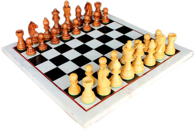StonKraft Collectible White & Black Marble Chess Board Set + Brass Chess Pieces Pawns - Decorative Stone Chess - Home Decor - 15" Inches