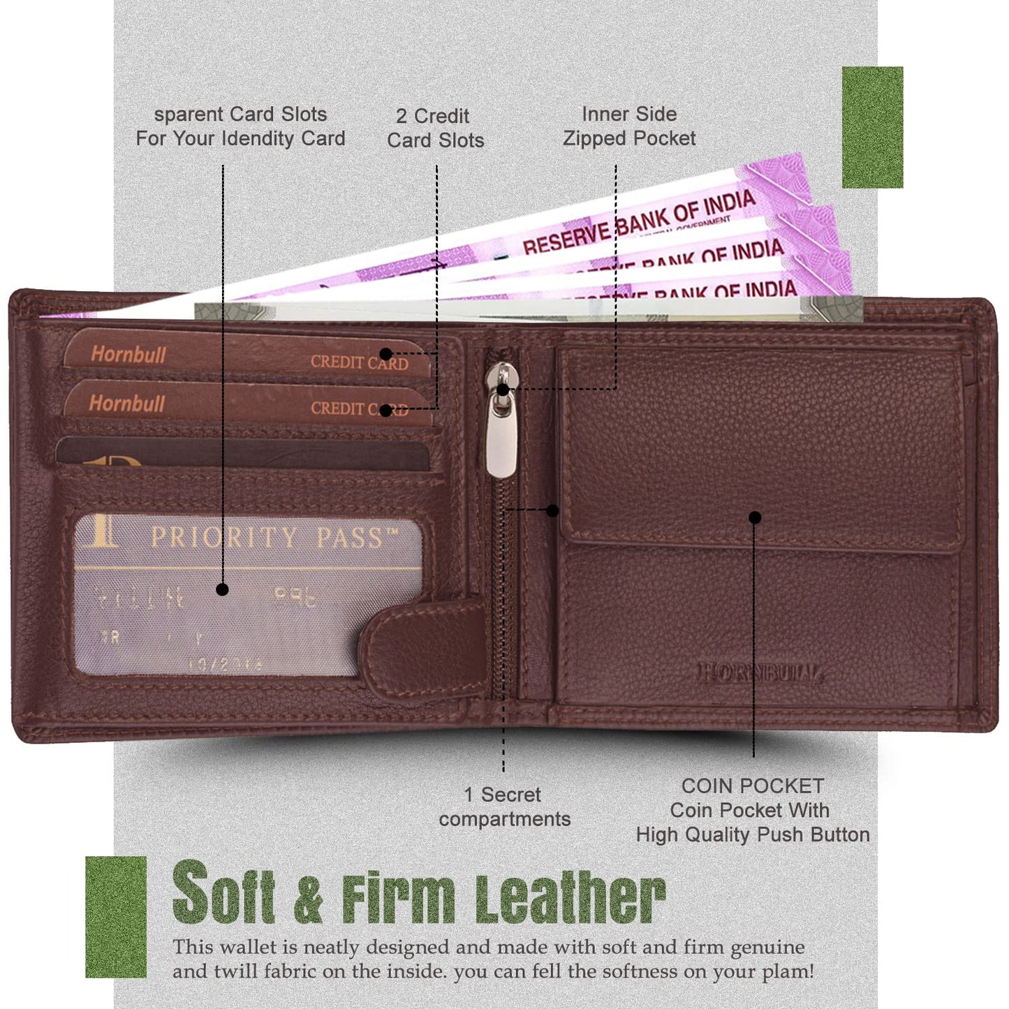 HORNBULL Themes Brown Mens Leather Wallet, Keyring & Pen Combo Gift Set for Men | Valentine's Day Branded Gift Hamper for Men