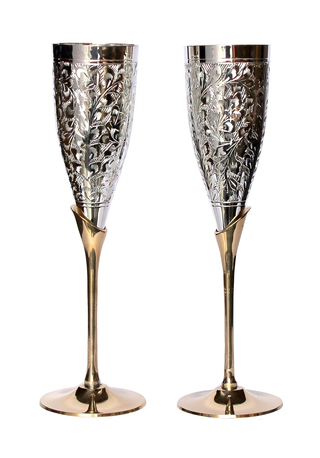 StonKraft Engraved Silver Plated Pure Brass Premium Goblet Champagne Flutes Coupes Wine Glass Set