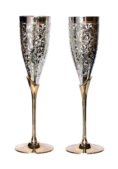 StonKraft Engraved Silver Plated Pure Brass Premium Goblet Champagne Flutes Coupes Wine Glass Set