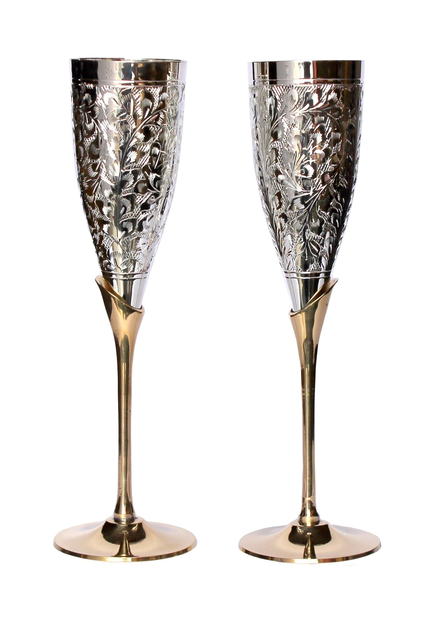 Stonkraft Engraved Pure Brass Premium Goblet Champagne Flutes Coupes Wine Glass Set Standard Silver