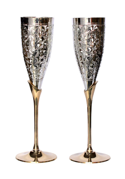 Stonkraft Engraved Pure Brass Premium Goblet Champagne Flutes Coupes Wine Glass Set Standard Silver