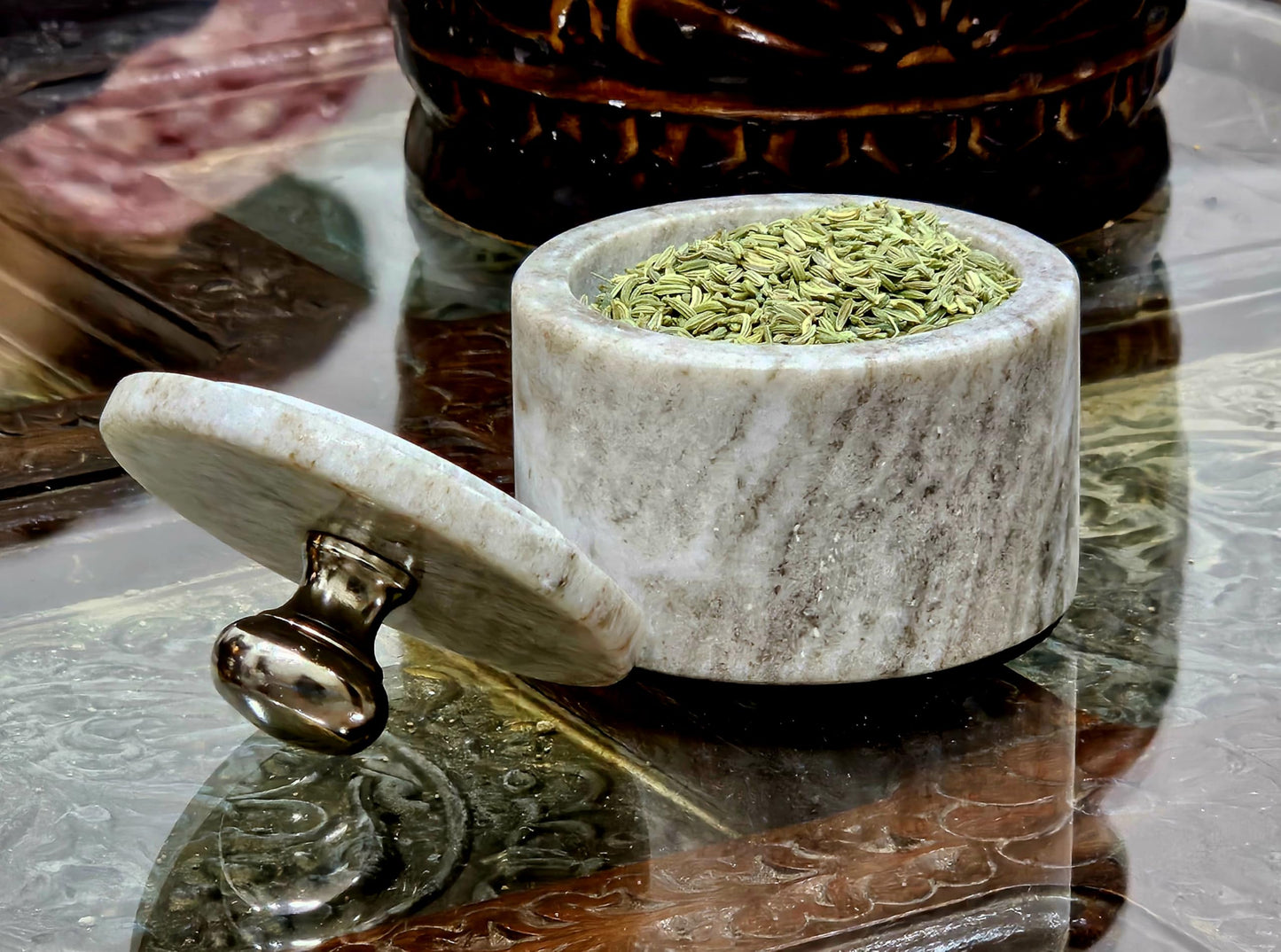 KLEO Marble Salt and Spice Holder with Lid | Small Container | Stone Salt Box/Canister for Kitchen and Dining | Saunf Holder (Beige)
