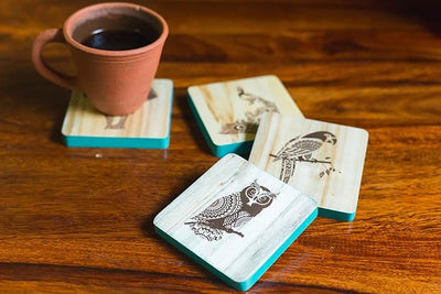Esplanade Wooden Coasters Mandala Print - Teak Wood Table Coaster - Reversible Animal Design Set for Home Kitchen, Office Desk - for Tea or Coffee Cups - Table Top Coasters - Set of 4