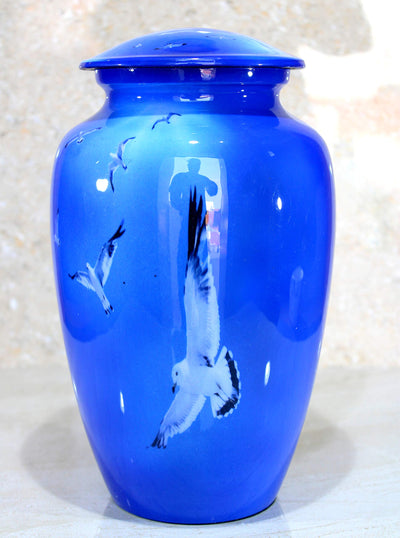 eSplanade Metal Cremation Urn Memorial Jar Pot Container | Full Size Urn for Funeral Ashes Burial | Falcon Printed Urn , Seagull Printed Urn ,White Pigeon Print   | Blue - 10" Inches