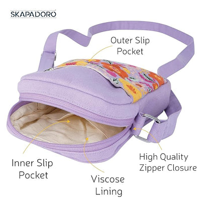 SKAPADORO Canvas Mobile Cross Body Sling Bag for Girls Women,100% Cotton, Embroidery, Zip Closure, Pocket, Adjustable Strap, Compact Everyday Bag - Flowers (Lilac)