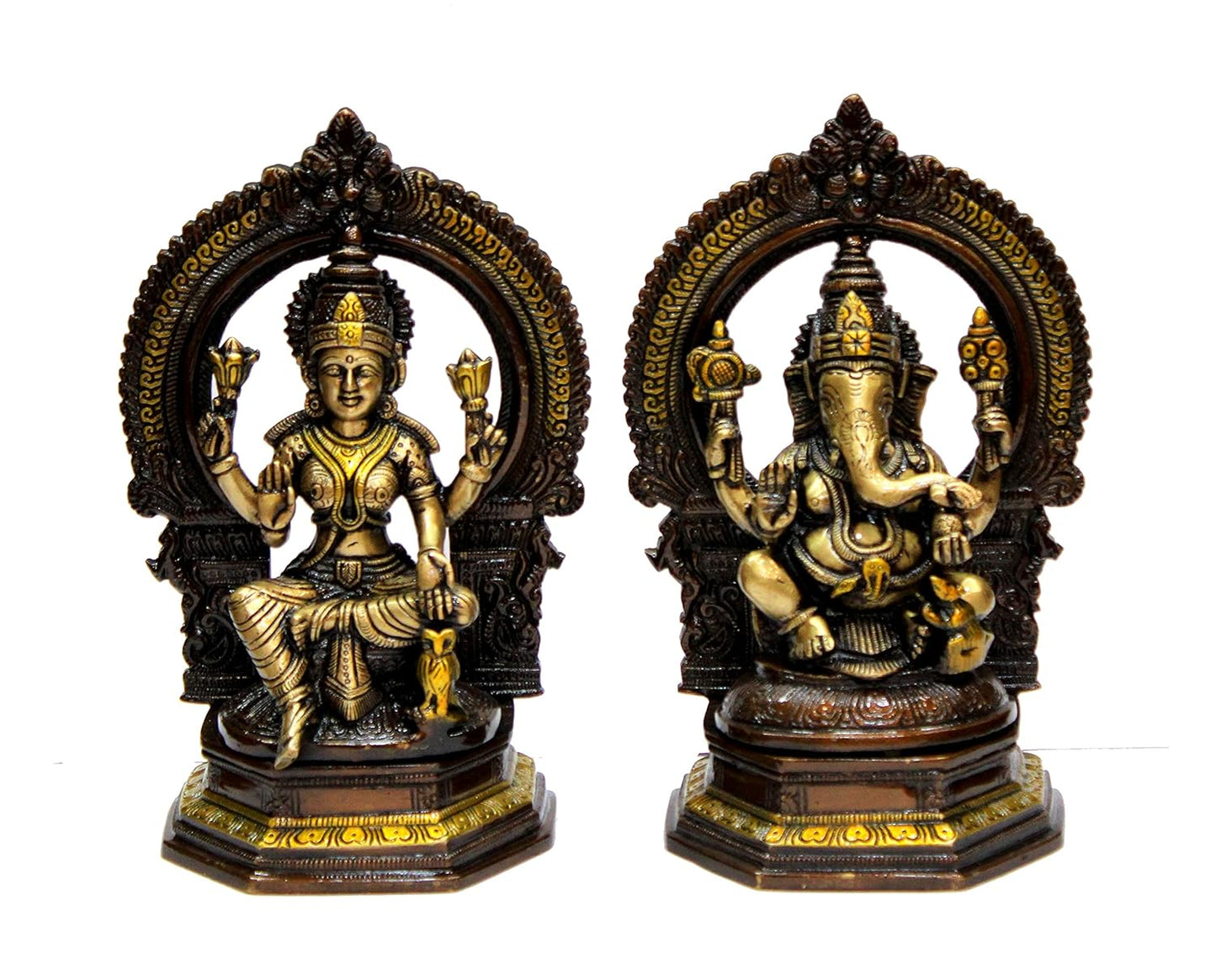 ESPLANADE Brass Laxmi Lakshmi Ganesh Ganesha Murti Idol Statue Sculpture - Set of 2 - Brown-Golden - 9.75" Inches (Large)