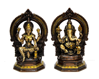 ESPLANADE Brass Laxmi Lakshmi Ganesh Ganesha Murti Idol Statue Sculpture - Set of 2 - Brown-Golden - 9.75" Inches (Large)