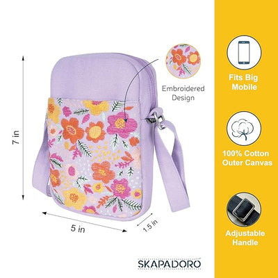 SKAPADORO Canvas Mobile Cross Body Sling Bag for Girls Women,100% Cotton, Embroidery, Zip Closure, Pocket, Adjustable Strap, Compact Everyday Bag - Flowers (Lilac)