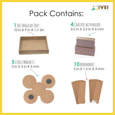 IVEI DIY MDF Rectangular Tray Pack with 4 Coaster with Stand, 10 Round Magnets and 10 Bookmarks