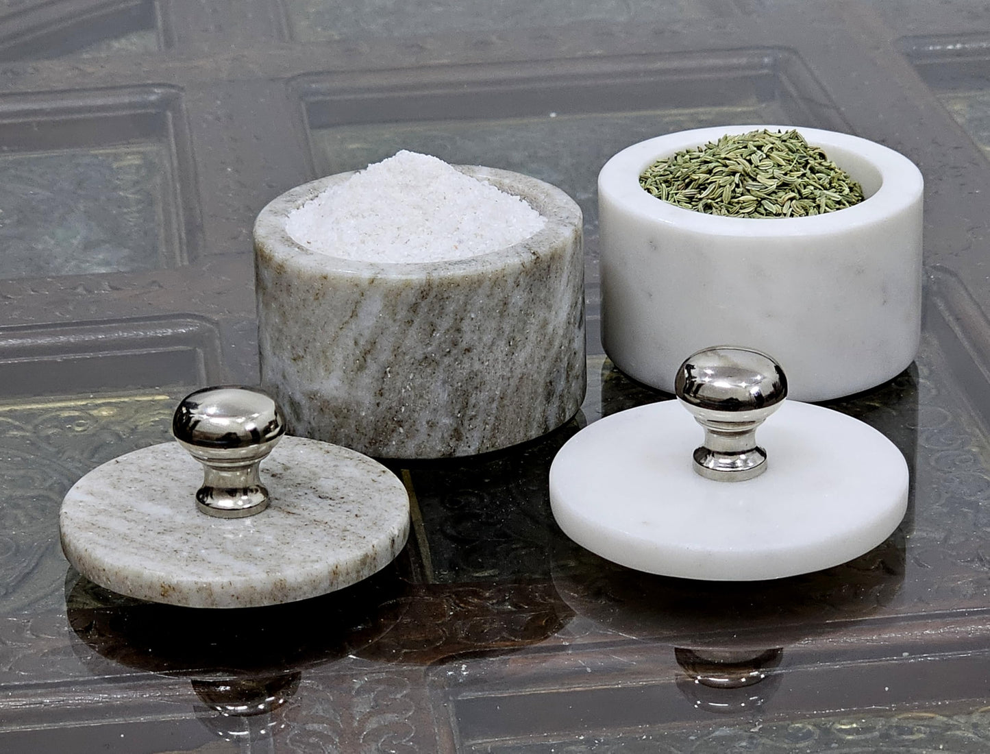 KLEO Marble Salt and Spice Holder with Lid | Small Container | Stone Salt Box/Canister for Kitchen and Dining | Saunf Holder (Beige)
