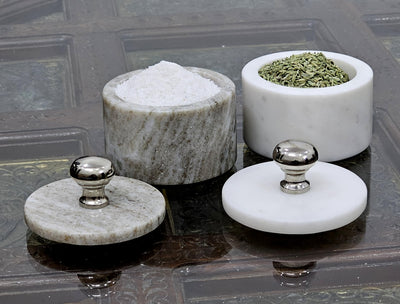 KLEO Marble Salt and Spice Holder with Lid | Small Container | Stone Salt Box/Canister for Kitchen and Dining | Saunf Holder (Beige)