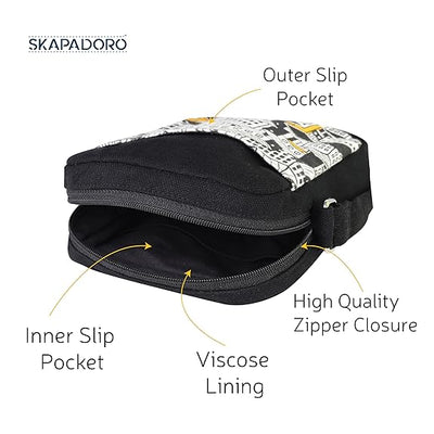 SKAPADORO Canvas Mobile Cross Body Black Sling Bag for Men & Women,100% Cotton, Zip Closure, Pocket, Adjustable Strap, Compact Everyday Bag - City (Black & White)