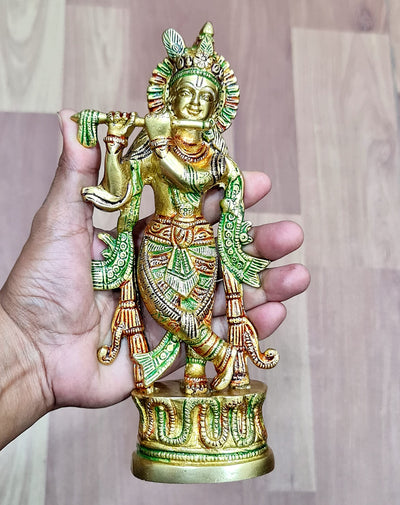 StonKraft - Lord Krishna Kishan Kanha with Kamdhenu Cow Murti Idol Statue Sculpture - Brass - 8" & 9" - Multicolor