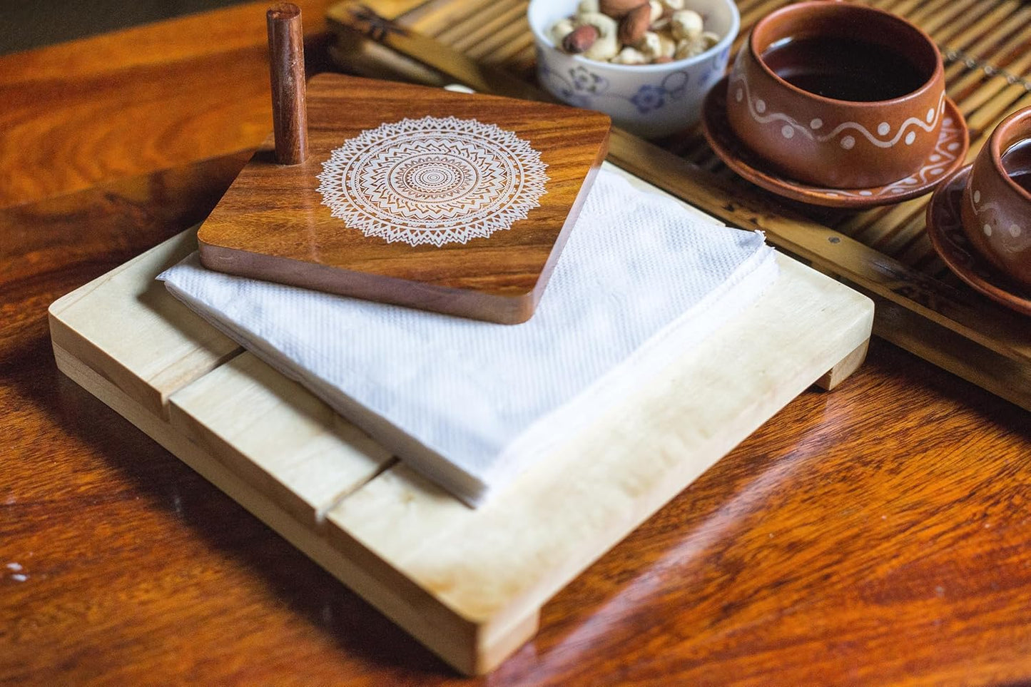 Esplanade Wooden Napkin Holder – Mandala Print Tissue Holder - Smart Napkin Holder - Antique Handcrafted Decorative Wooden Holder - Tissue Paper Holder for Table Office and Home