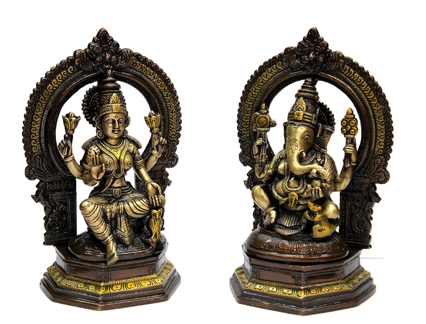 ESPLANADE Brass Laxmi Lakshmi Ganesh Ganesha Murti Idol Statue Sculpture - Set of 2 - Brown-Golden - 9.75" Inches (Large)
