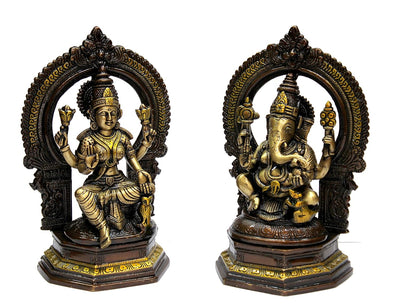 ESPLANADE Brass Laxmi Lakshmi Ganesh Ganesha Murti Idol Statue Sculpture - Set of 2 - Brown-Golden - 9.75" Inches (Large)
