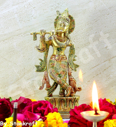 StonKraft - Lord Krishna Kishan Kanha with Kamdhenu Cow Murti Idol Statue Sculpture - Brass - 8" & 9" - Multicolor