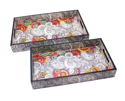 ESPLANADE Wooden Serving Trays - Set of 2 - Home Office Dining Table Multipurpose Serveware - 16" x 10" Inches - Black-Yellow