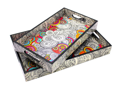 ESPLANADE Wooden Serving Trays - Set of 2 - Home Office Dining Table Multipurpose Serveware - 16" x 10" Inches - Black-Yellow