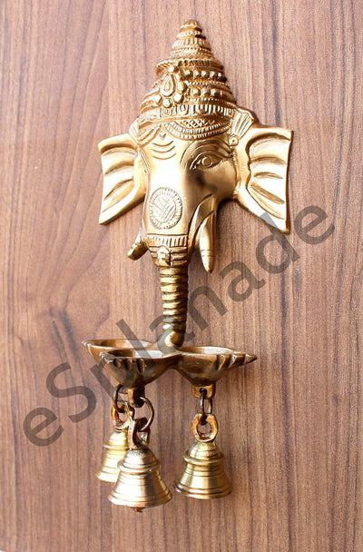eSplanade - 9.5" Brass Ganesha Ganesh Ganpati Wall Hanging Deepak With Bells | Brass Diya |