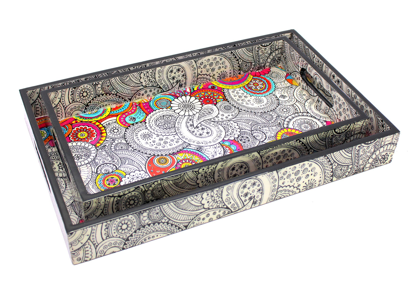 ESPLANADE Wooden Serving Trays - Set of 2 - Home Office Dining Table Multipurpose Serveware - 16" x 10" Inches - Black-Yellow