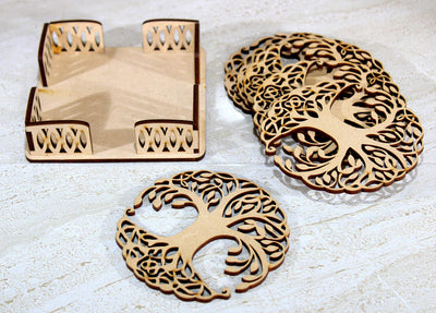Esplanade Wooden Coasters for DIY Activities,Craft,Decoupage,Painting,Resin Work - 6 Coasters with Holder (Kalpavriksha Tree of Life Design)